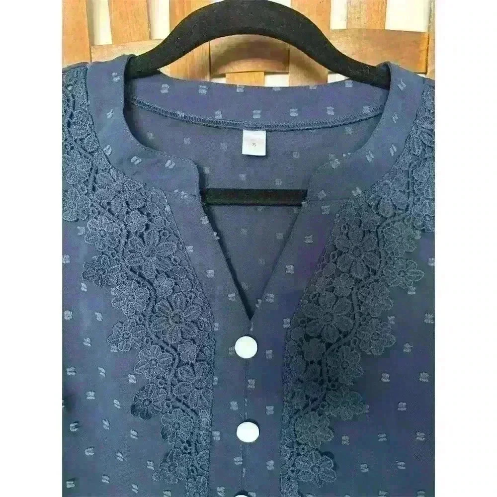 Women's V-Neck Textured Dot Blouse Lace Trim Puff Sleeve Blue S - Picture 2 of 13